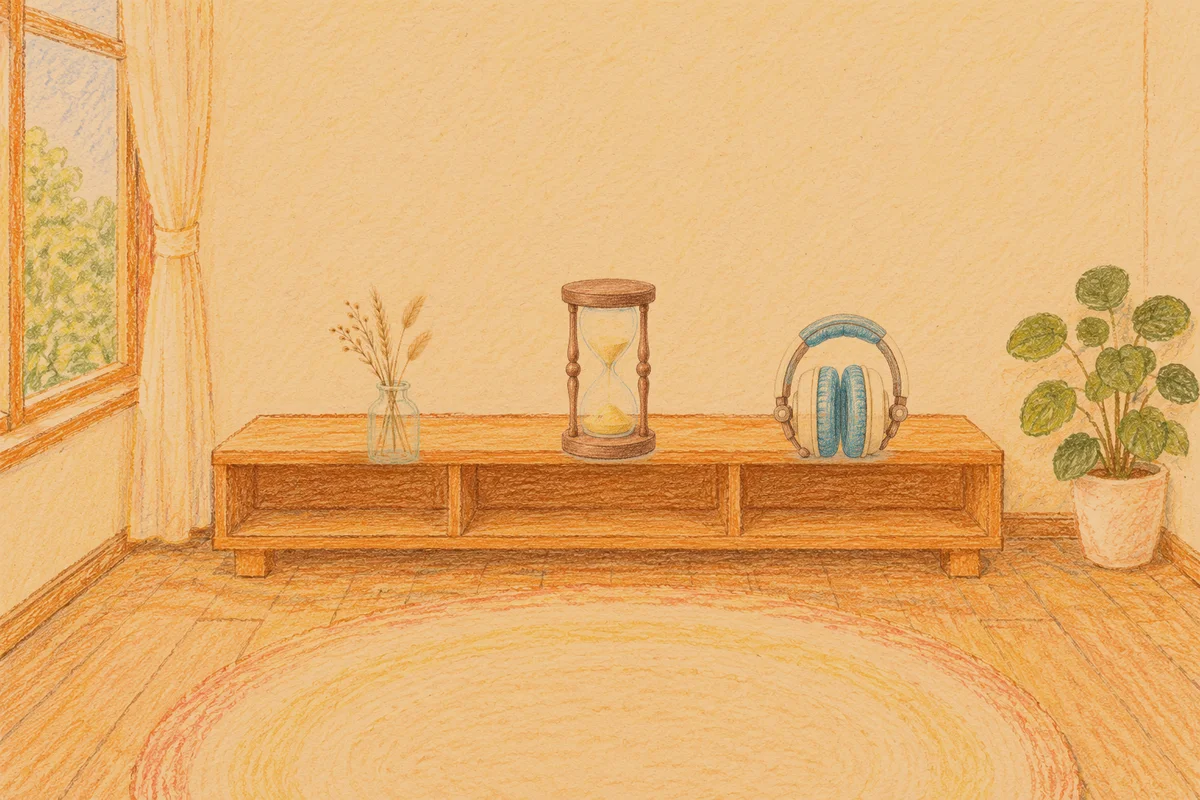 왕십리 여성전용 경락 마사지 안내 그림, 저녁의 창가 낮은 선반 위에 놓인 마른 풀을 꽂은 항아리, 모래시계, 헤드폰