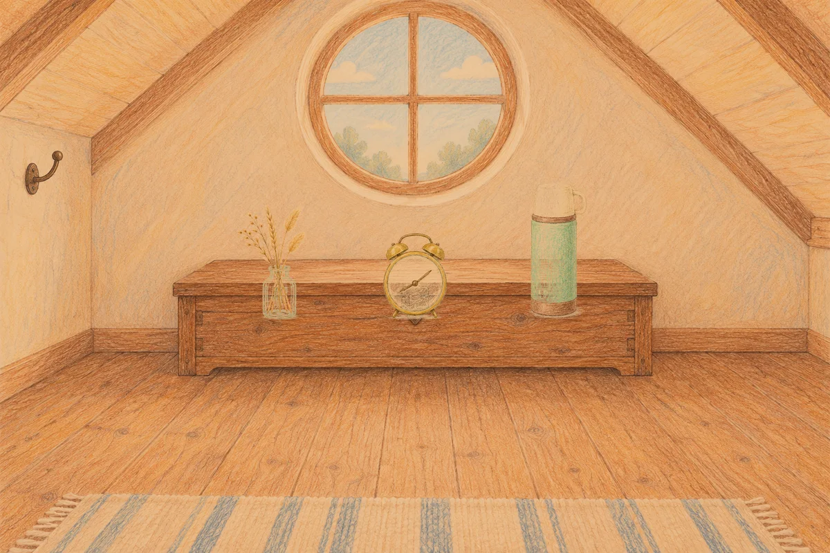 왕십리 여성전용 경락 추천 안내 그림, 저녁의 다락방 나무 궤짝 위에 놓인 마른 풀을 꽂은 항아리, 둥근 알람시계, 보온병