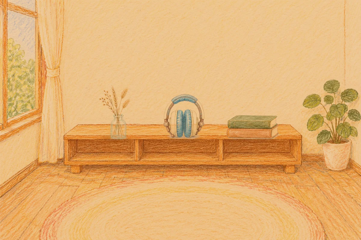 왕십리 여성전용 방문 마사지 안내 그림, 저녁의 창가 낮은 선반 위에 놓인 마른 풀을 꽂은 항아리, 헤드폰, 책 두 권