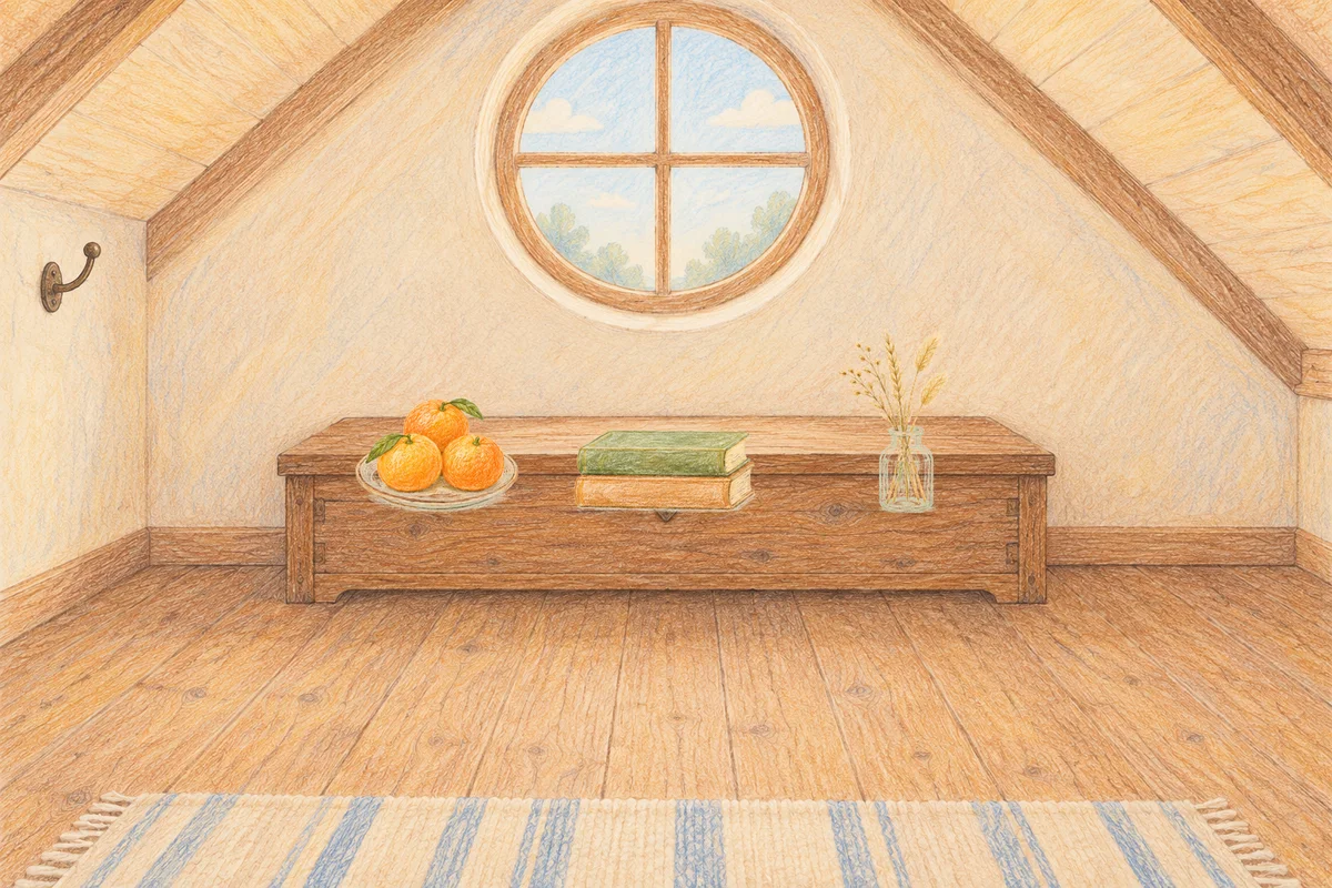 왕십리 여성전용 홈케어 서비스 안내 그림, 낮의 다락방 나무 궤짝 위에 놓인 귤이 담긴 접시, 책 두 권, 마른 풀을 꽂은 항아리
