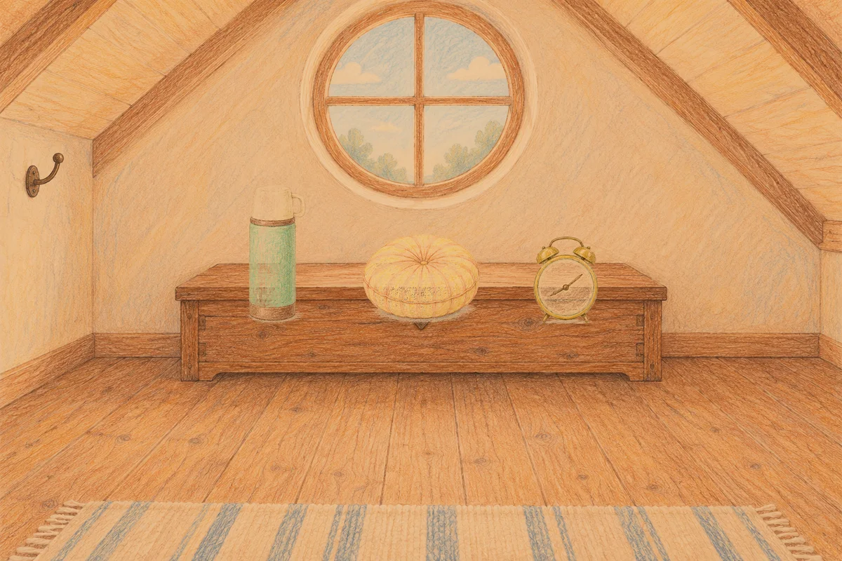 왕십리 여성전용 프라이빗 케어 안내 그림, 저녁의 다락방 나무 궤짝 위에 놓인 보온병, 둥근 쿠션, 둥근 알람시계
