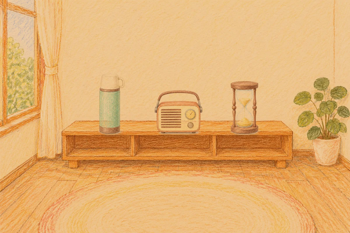 왕십리 여성전용 홈케어 후기 안내 그림, 저녁의 창가 낮은 선반 위에 놓인 보온병, 작은 라디오, 모래시계