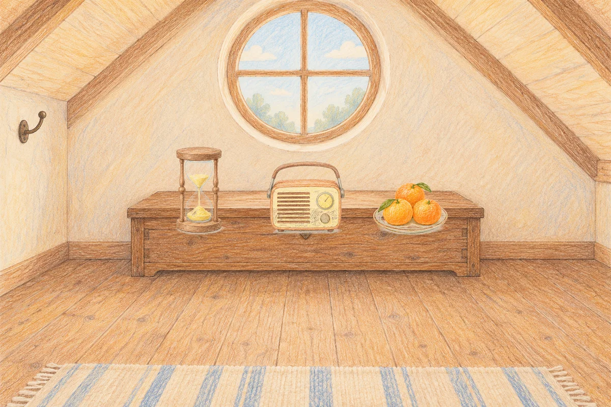 왕십리 여성전용 발관리 추천 안내 그림, 낮의 다락방 나무 궤짝 위에 놓인 모래시계, 작은 라디오, 귤이 담긴 접시