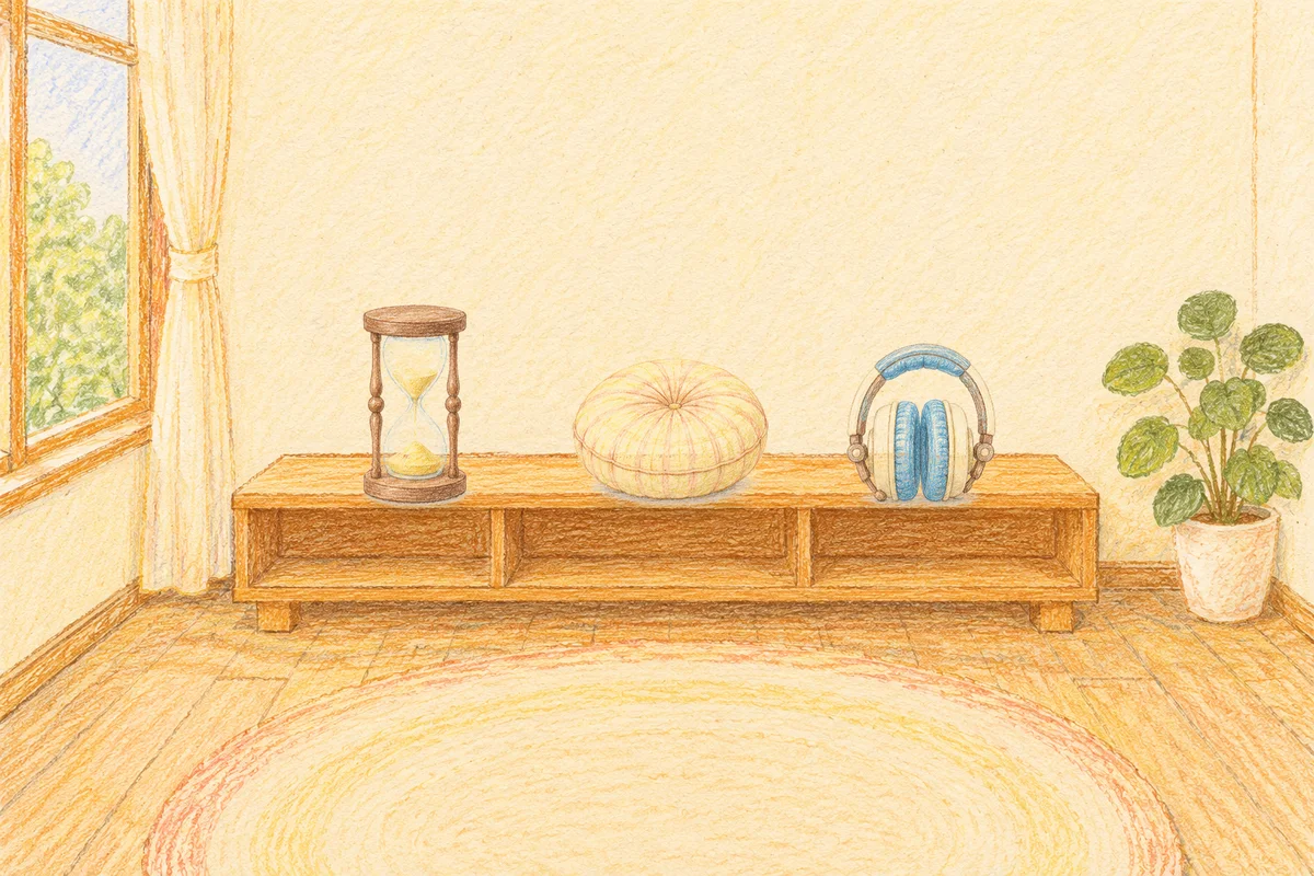 왕십리 여성전용 부종 케어 안내 그림, 낮의 창가 낮은 선반 위에 놓인 모래시계, 둥근 쿠션, 헤드폰