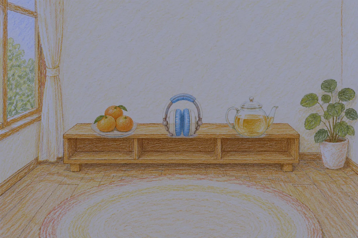 왕십리 여성전용 바디 케어 안내 그림, 밤의 창가 낮은 선반 위에 놓인 귤이 담긴 접시, 헤드폰, 유리 티포트