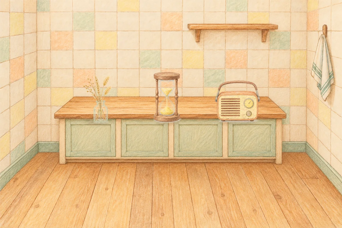 왕십리 여성전용 슬리밍 마사지 안내 그림, 낮의 부엌 나무 조리대 위에 놓인 마른 풀을 꽂은 항아리, 모래시계, 작은 라디오