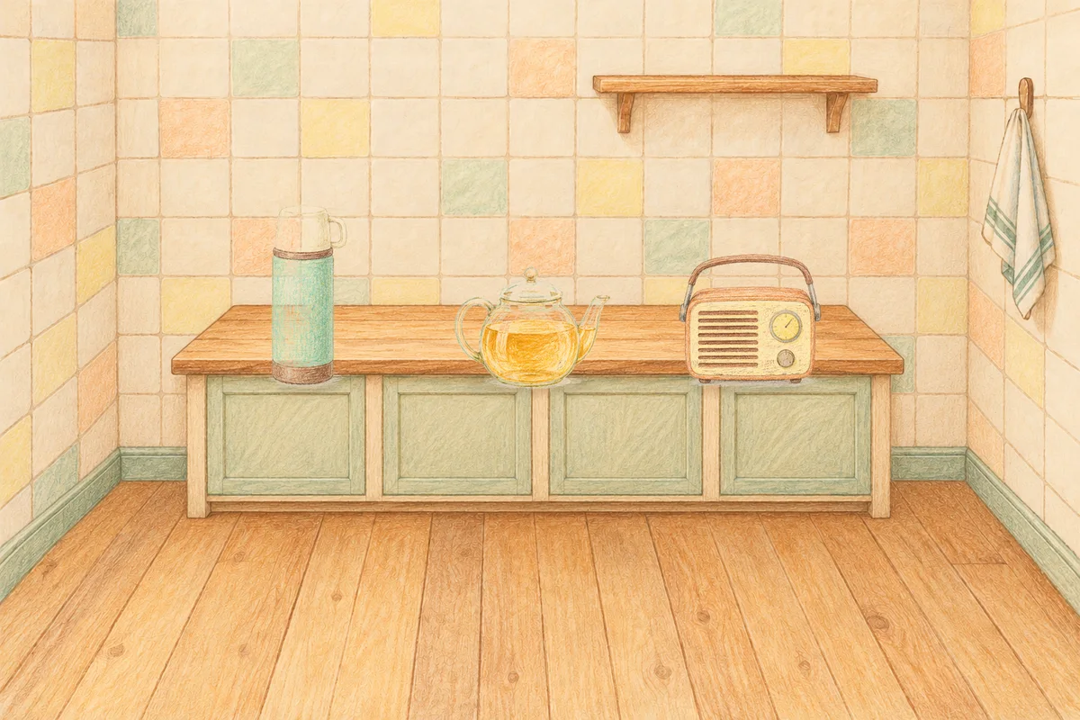 왕십리 여성전용 종아리 케어 안내 그림, 낮의 부엌 나무 조리대 위에 놓인 보온병, 유리 티포트, 작은 라디오