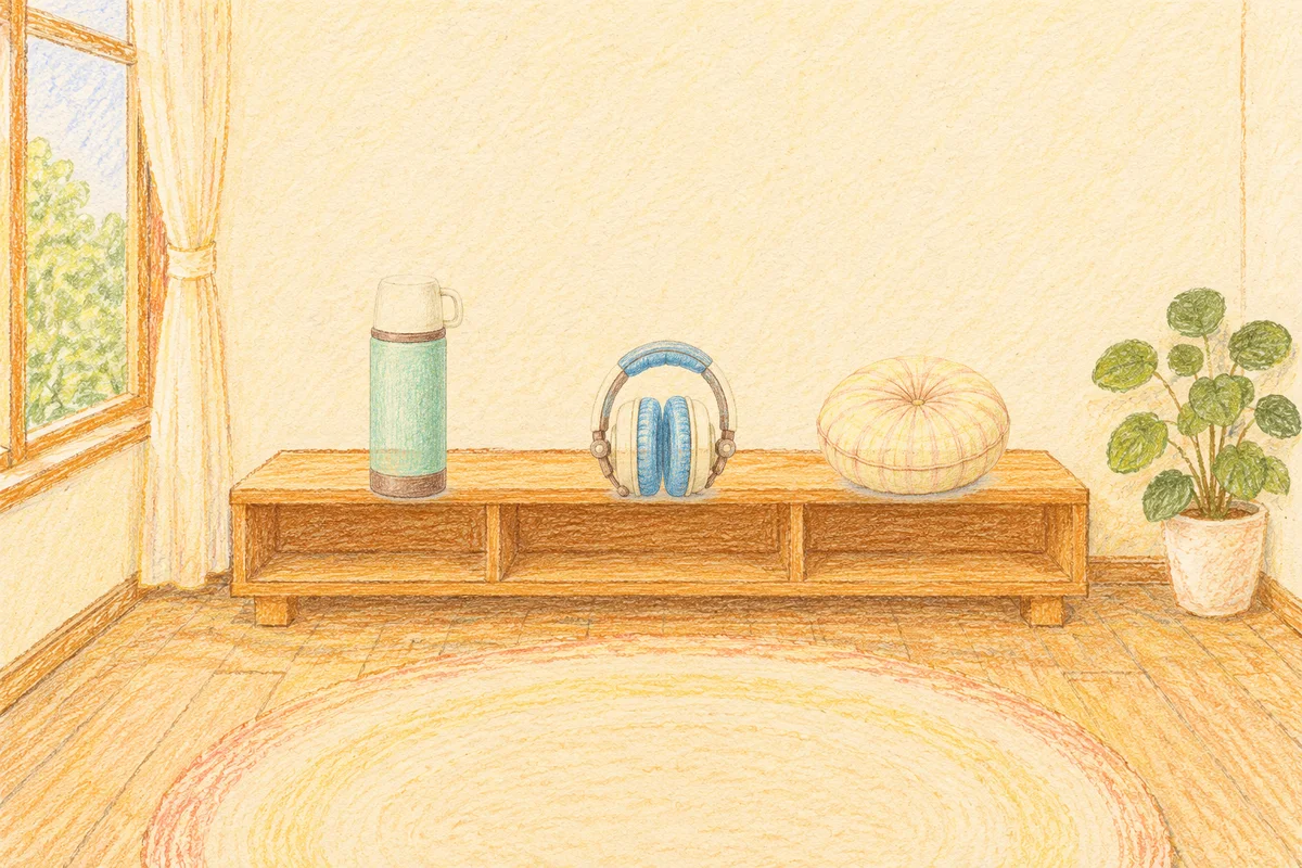 왕십리 여성전용 등 마사지 안내 그림, 낮의 창가 낮은 선반 위에 놓인 보온병, 헤드폰, 둥근 쿠션