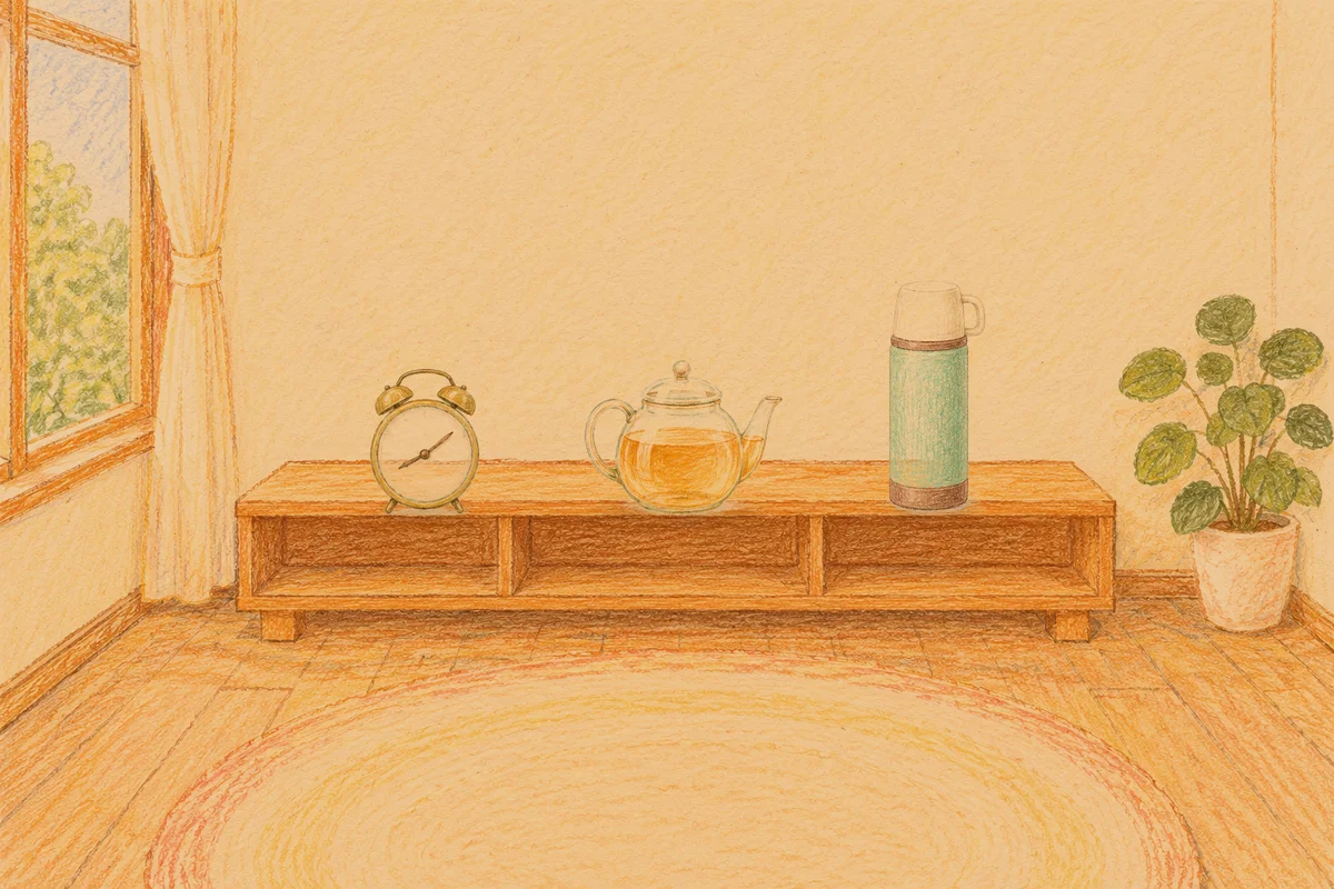 왕십리 여성전용 두피 마사지 안내 그림, 저녁의 창가 낮은 선반 위에 놓인 둥근 알람시계, 유리 티포트, 보온병