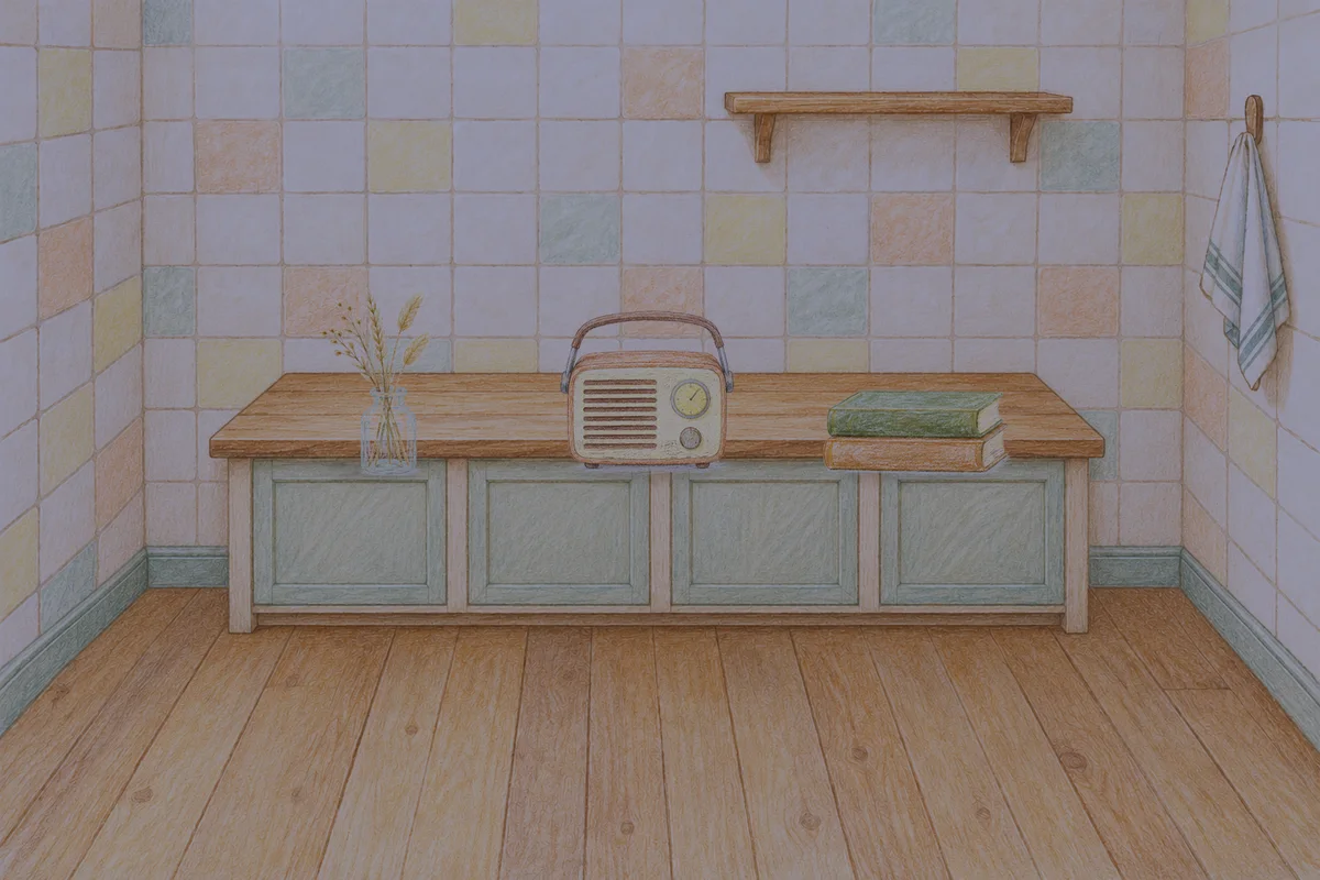 왕십리 여성전용 두피 케어 안내 그림, 밤의 부엌 나무 조리대 위에 놓인 마른 풀을 꽂은 항아리, 작은 라디오, 책 두 권