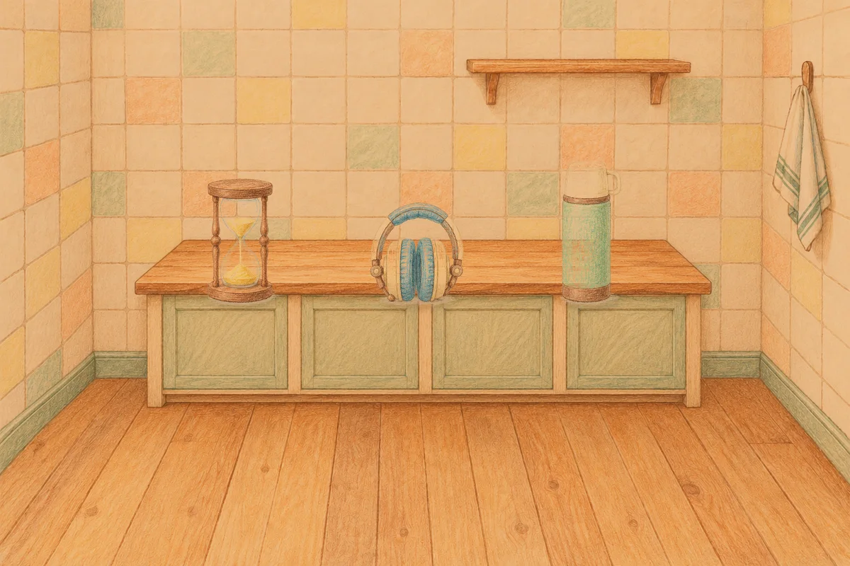 왕십리 여성전용 두통 완화 마사지 안내 그림, 저녁의 부엌 나무 조리대 위에 놓인 모래시계, 헤드폰, 보온병