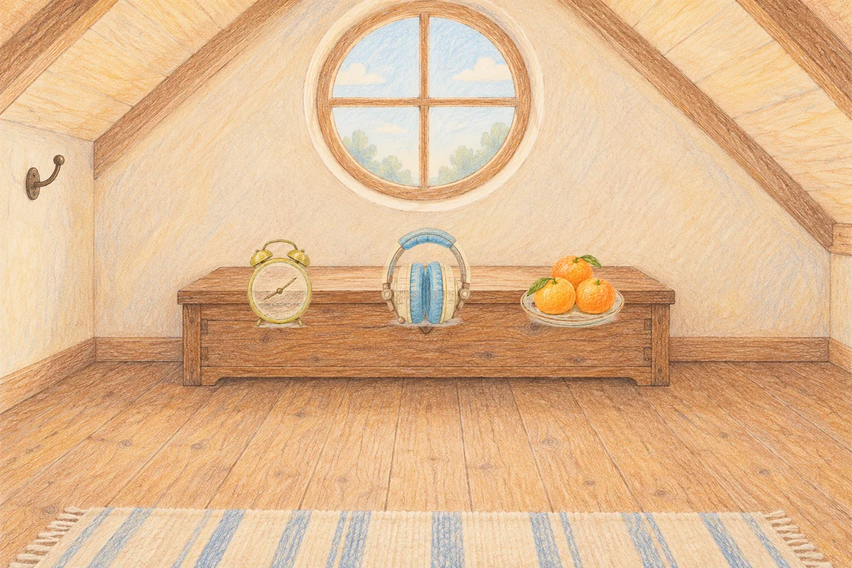 왕십리 여성전용 스트레스 케어 안내 그림, 낮의 다락방 나무 궤짝 위에 놓인 둥근 알람시계, 헤드폰, 귤이 담긴 접시