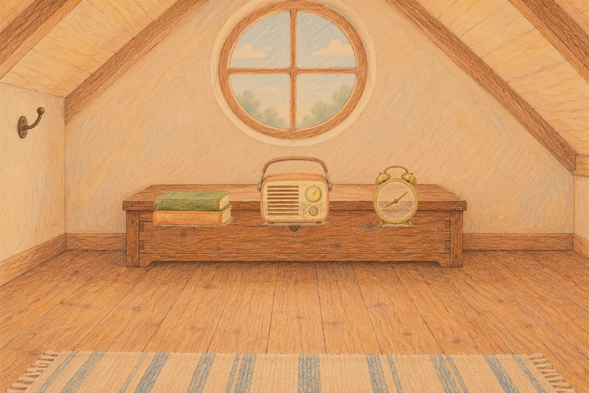 왕십리 여성전용 페이셜 마사지 안내 그림, 저녁의 다락방 나무 궤짝 위에 놓인 책 두 권, 작은 라디오, 둥근 알람시계
