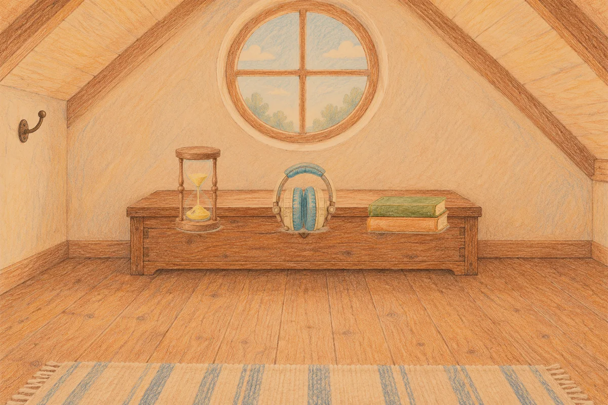 왕십리 여성전용 브라이덜 케어 안내 그림, 저녁의 다락방 나무 궤짝 위에 놓인 모래시계, 헤드폰, 책 두 권