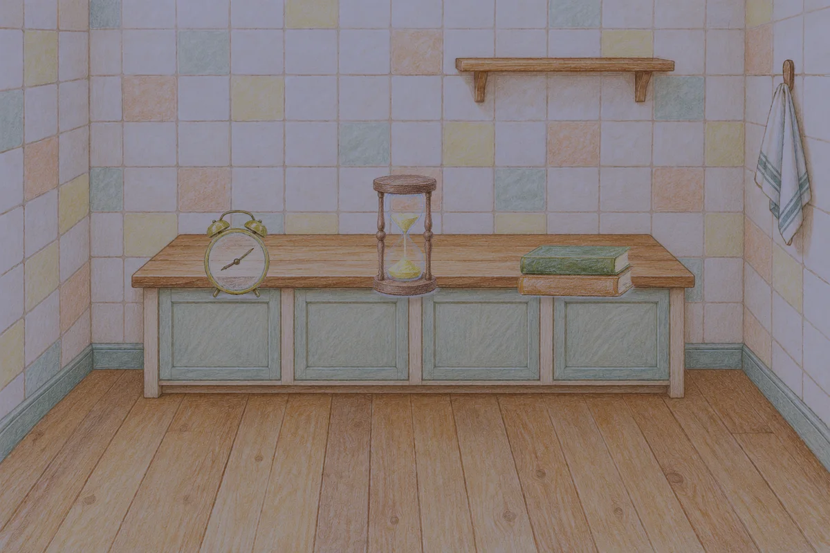 왕십리 여성전용 가격 마사지 안내 그림, 밤의 부엌 나무 조리대 위에 놓인 둥근 알람시계, 모래시계, 책 두 권
