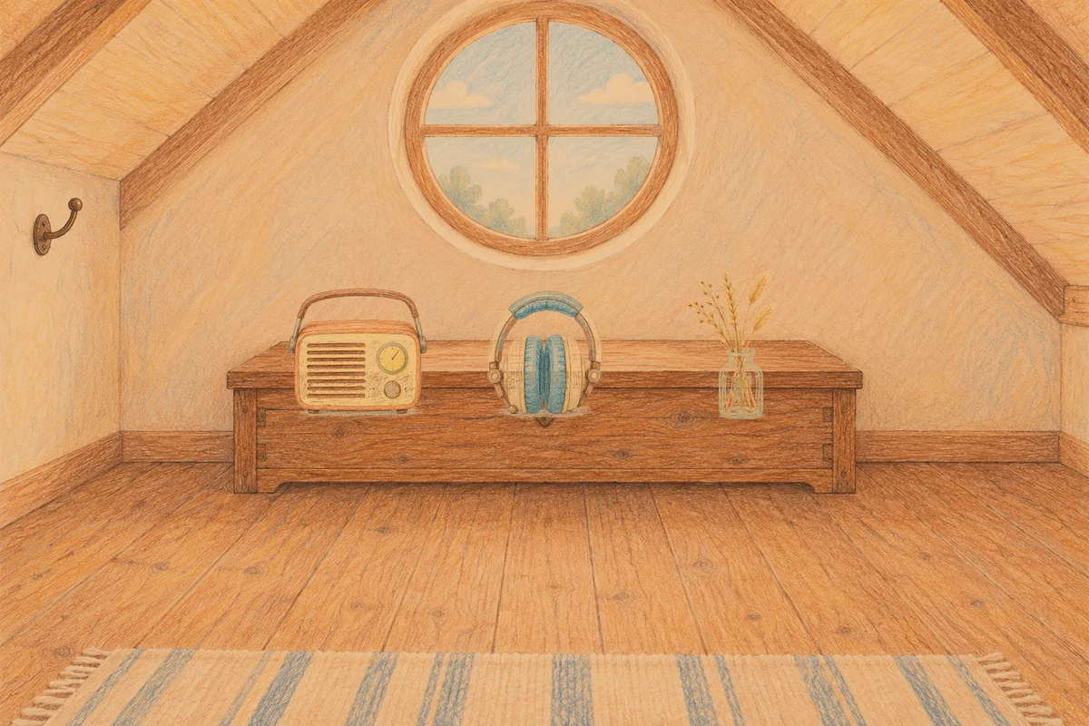 금호동 여성전용 스웨디시 마사지 안내 그림, 저녁의 다락방 나무 궤짝 위에 놓인 작은 라디오, 헤드폰, 마른 풀을 꽂은 항아리