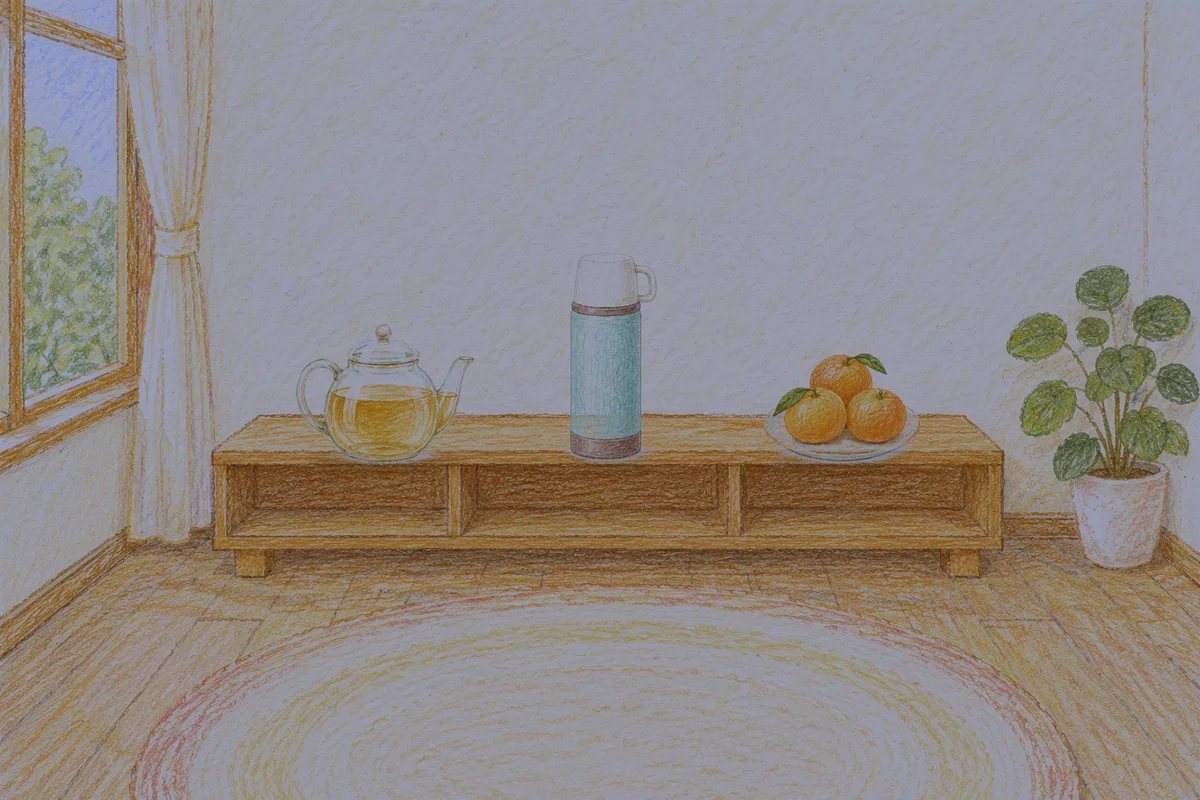 금호동 여성전용 스웨디시 홈케어 안내 그림, 밤의 창가 낮은 선반 위에 놓인 유리 티포트, 보온병, 귤이 담긴 접시