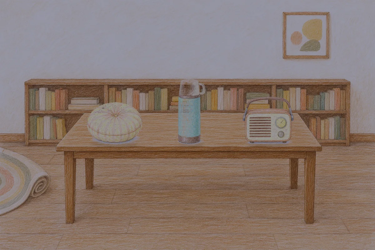 금호동 여성전용 아로마 마사지 후기 안내 그림, 밤의 서재 긴 책상 위에 놓인 둥근 쿠션, 보온병, 작은 라디오