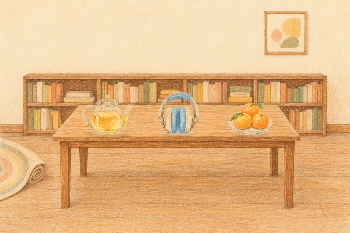 금호동 여성전용 스웨디시 가격 안내 그림, 낮의 서재 긴 책상 위에 놓인 유리 티포트, 헤드폰, 귤이 담긴 접시