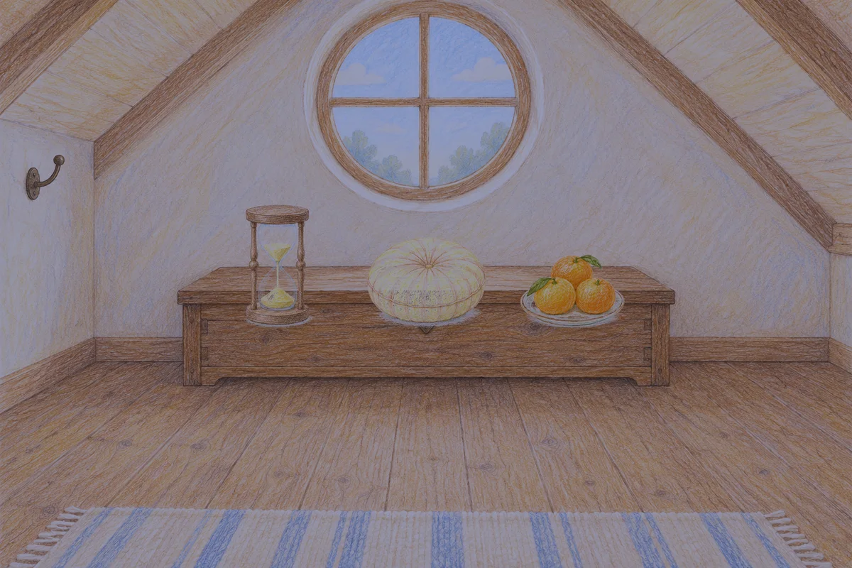 금호동 여성전용 아로마 가격 안내 그림, 밤의 다락방 나무 궤짝 위에 놓인 모래시계, 둥근 쿠션, 귤이 담긴 접시