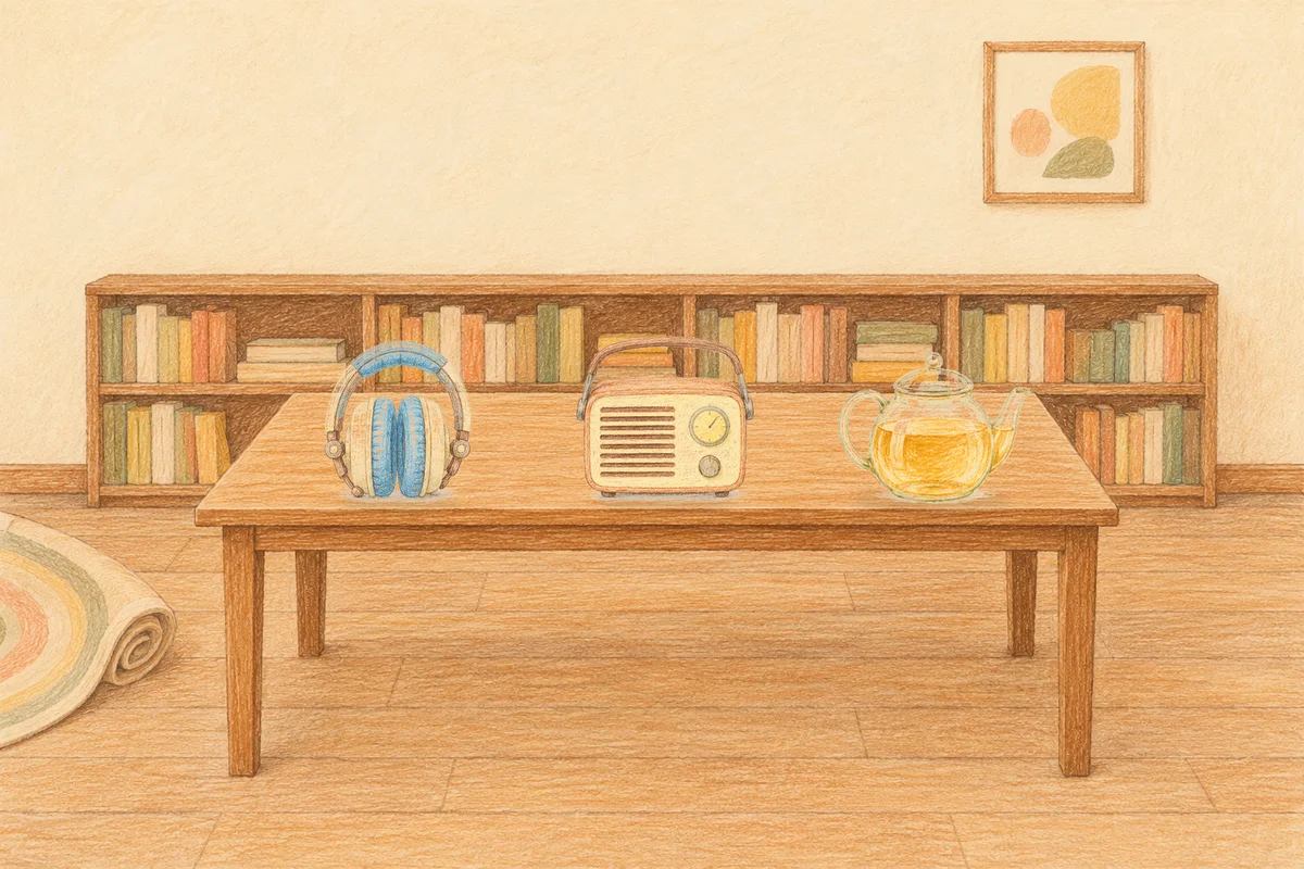 금호동 여성전용 아로마 추천 안내 그림, 낮의 서재 긴 책상 위에 놓인 헤드폰, 작은 라디오, 유리 티포트