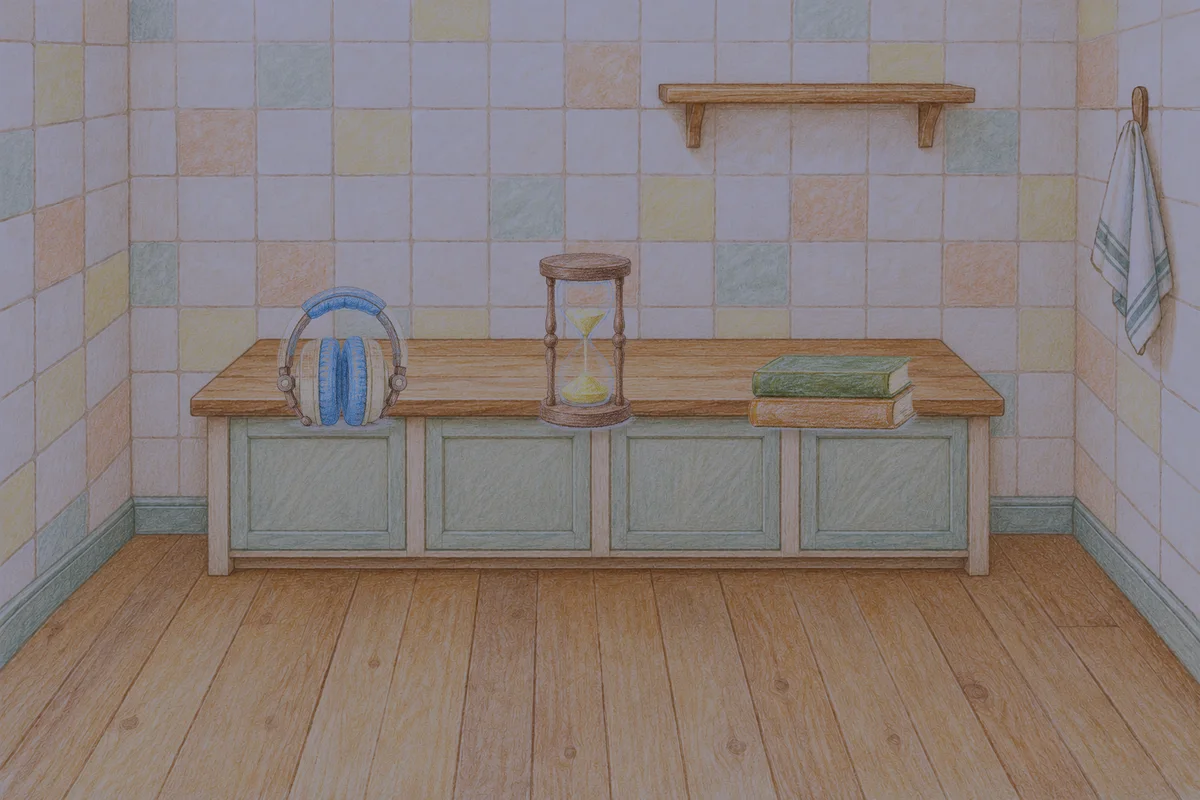 금호동 여성전용 경락 마사지 안내 그림, 밤의 부엌 나무 조리대 위에 놓인 헤드폰, 모래시계, 책 두 권
