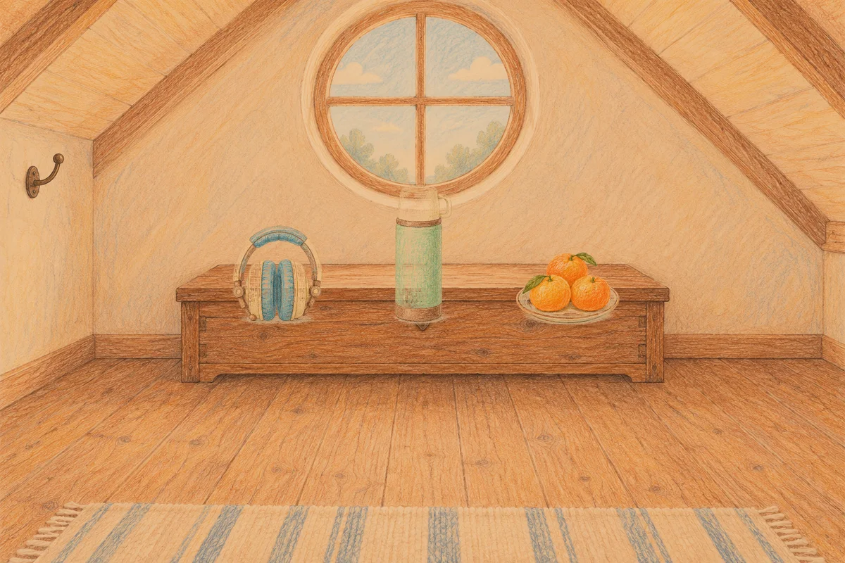 금호동 여성전용 경락 케어 안내 그림, 저녁의 다락방 나무 궤짝 위에 놓인 헤드폰, 보온병, 귤이 담긴 접시