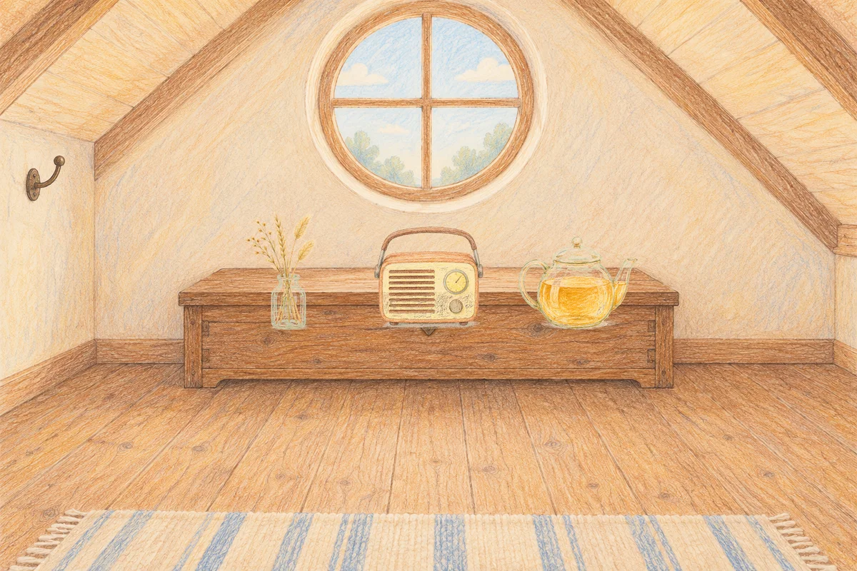 금호동 여성전용 얼굴 경락 안내 그림, 낮의 다락방 나무 궤짝 위에 놓인 마른 풀을 꽂은 항아리, 작은 라디오, 유리 티포트