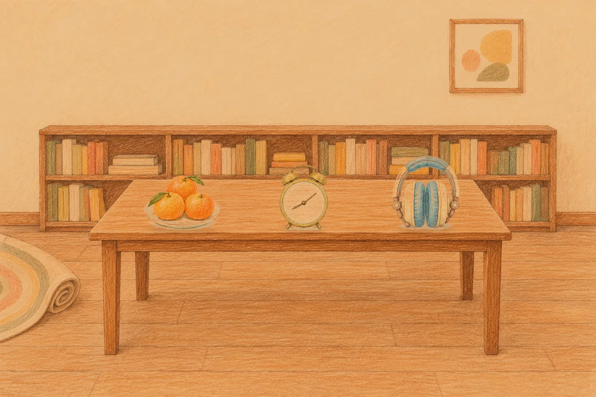 금호동 여성전용 경락마사지 후기 안내 그림, 저녁의 서재 긴 책상 위에 놓인 귤이 담긴 접시, 둥근 알람시계, 헤드폰