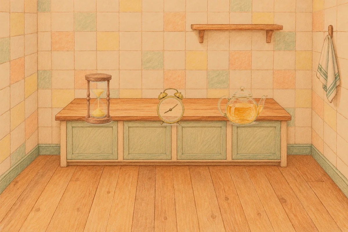 금호동 여성전용 경락 가격 안내 그림, 저녁의 부엌 나무 조리대 위에 놓인 모래시계, 둥근 알람시계, 유리 티포트