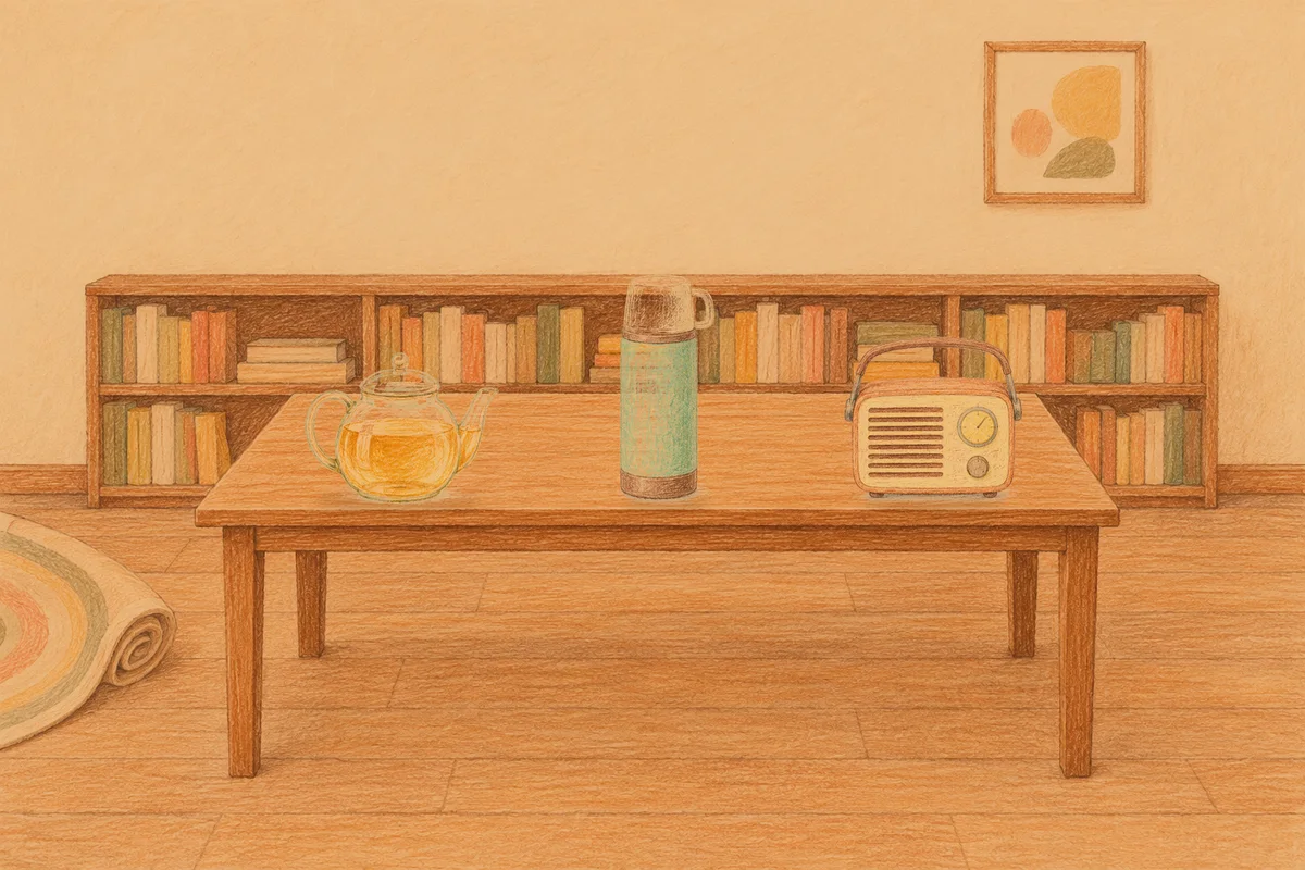 금호동 여성전용 홈케어 안내 그림, 저녁의 서재 긴 책상 위에 놓인 유리 티포트, 보온병, 작은 라디오
