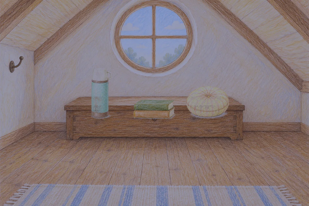 금호동 여성전용 홈케어 서비스 안내 그림, 밤의 다락방 나무 궤짝 위에 놓인 보온병, 책 두 권, 둥근 쿠션