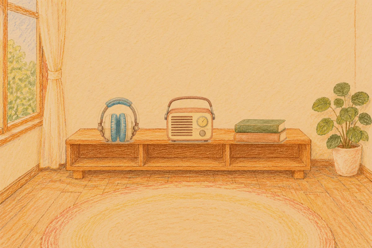 금호동 여성전용 1인샵 안내 그림, 저녁의 창가 낮은 선반 위에 놓인 헤드폰, 작은 라디오, 책 두 권