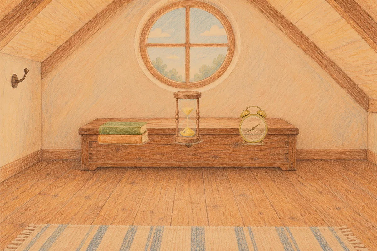 금호동 여성전용 홈케어 후기 안내 그림, 저녁의 다락방 나무 궤짝 위에 놓인 책 두 권, 모래시계, 둥근 알람시계