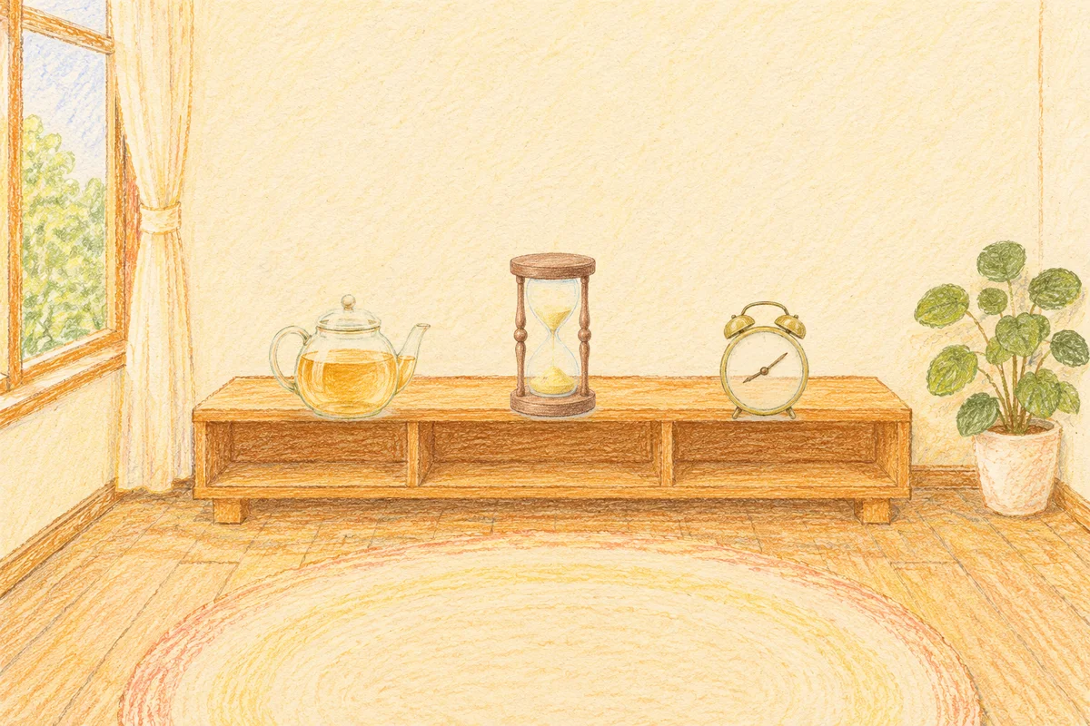 금호동 여성전용 발관리 안내 그림, 낮의 창가 낮은 선반 위에 놓인 유리 티포트, 모래시계, 둥근 알람시계