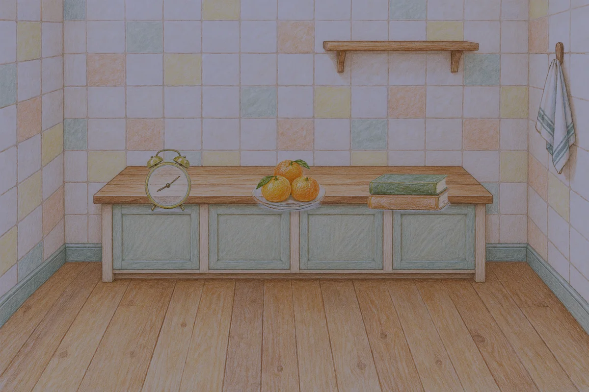 금호동 여성전용 발 부종 케어 안내 그림, 밤의 부엌 나무 조리대 위에 놓인 둥근 알람시계, 귤이 담긴 접시, 책 두 권