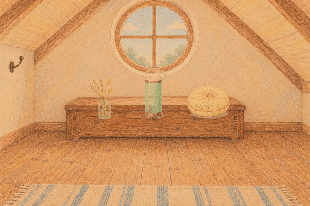 금호동 여성전용 셀룰라이트 관리 안내 그림, 저녁의 다락방 나무 궤짝 위에 놓인 마른 풀을 꽂은 항아리, 보온병, 둥근 쿠션