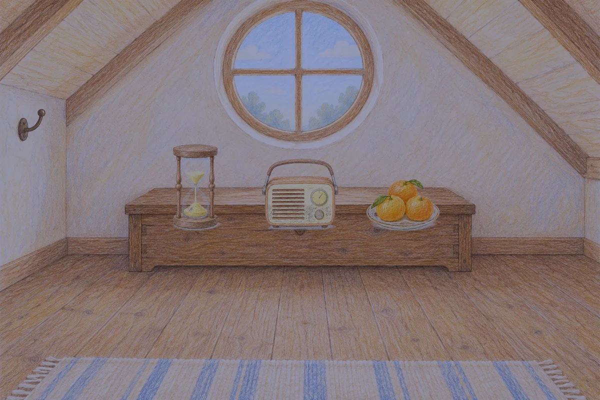 금호동 여성전용 디톡스 마사지 안내 그림, 밤의 다락방 나무 궤짝 위에 놓인 모래시계, 작은 라디오, 귤이 담긴 접시
