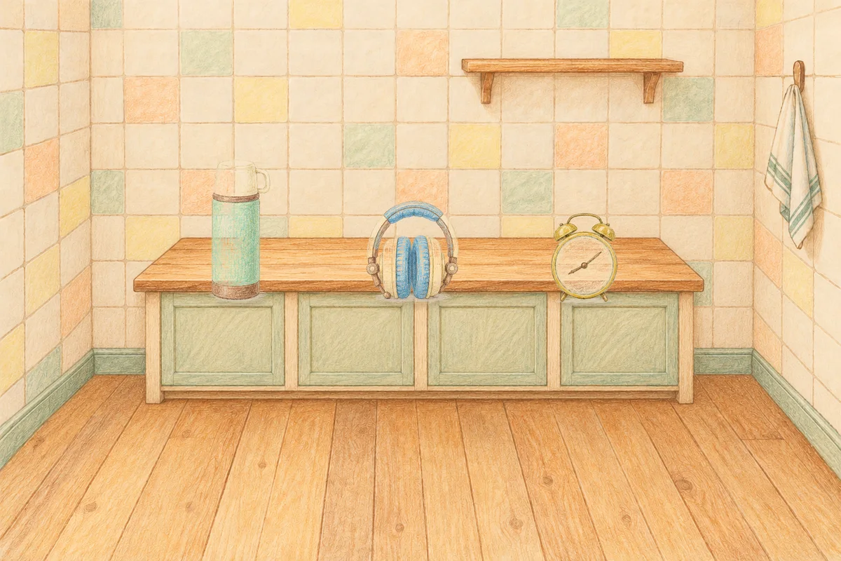 금호동 여성전용 두피 마사지 안내 그림, 낮의 부엌 나무 조리대 위에 놓인 보온병, 헤드폰, 둥근 알람시계