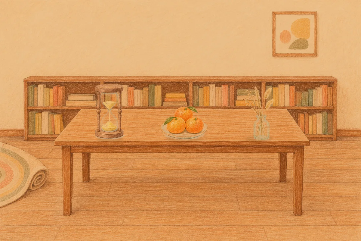 금호동 여성전용 어깨 마사지 안내 그림, 저녁의 서재 긴 책상 위에 놓인 모래시계, 귤이 담긴 접시, 마른 풀을 꽂은 항아리