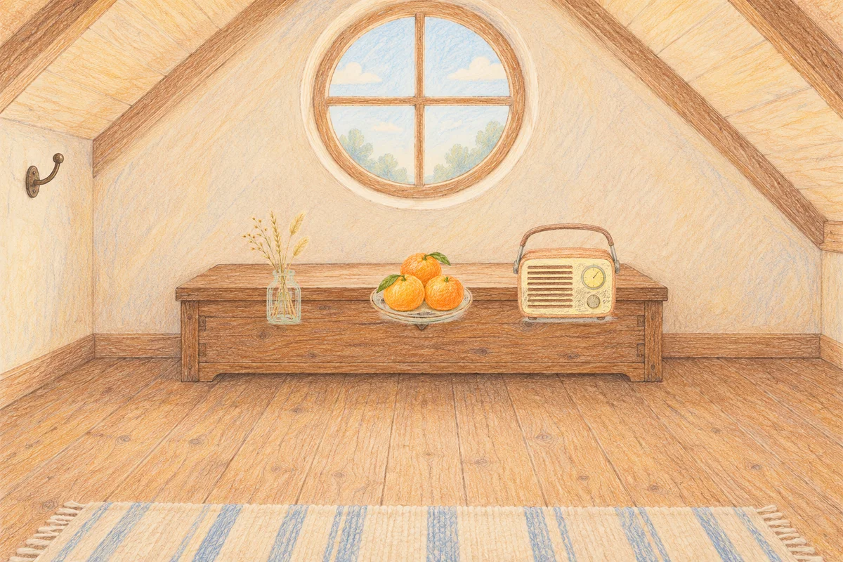 금호동 여성전용 두통 완화 마사지 안내 그림, 낮의 다락방 나무 궤짝 위에 놓인 마른 풀을 꽂은 항아리, 귤이 담긴 접시, 작은 라디오