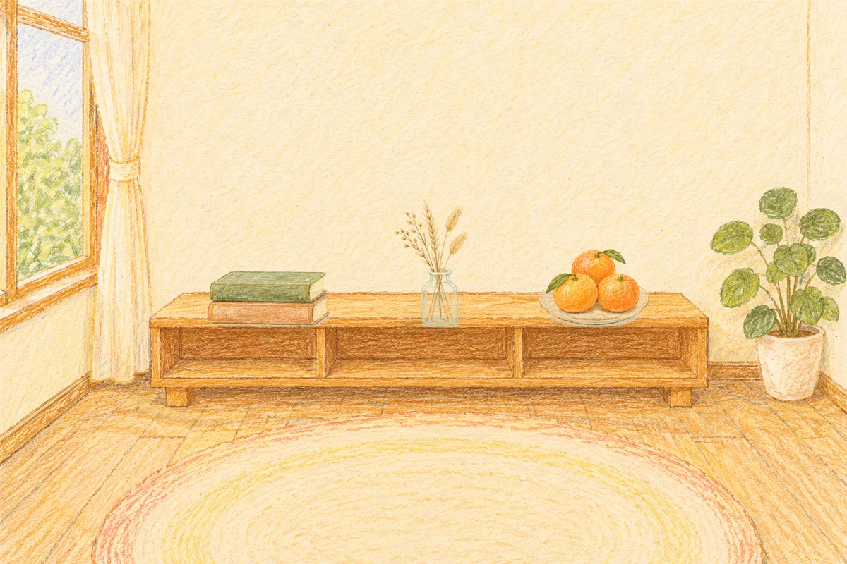 금호동 여성전용 수면 케어 안내 그림, 낮의 창가 낮은 선반 위에 놓인 책 두 권, 마른 풀을 꽂은 항아리, 귤이 담긴 접시