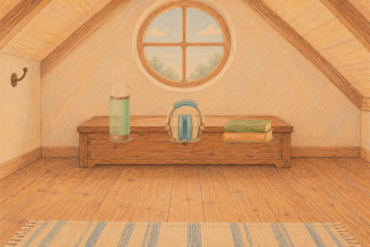 금호동 여성전용 페이셜 마사지 안내 그림, 저녁의 다락방 나무 궤짝 위에 놓인 보온병, 헤드폰, 책 두 권