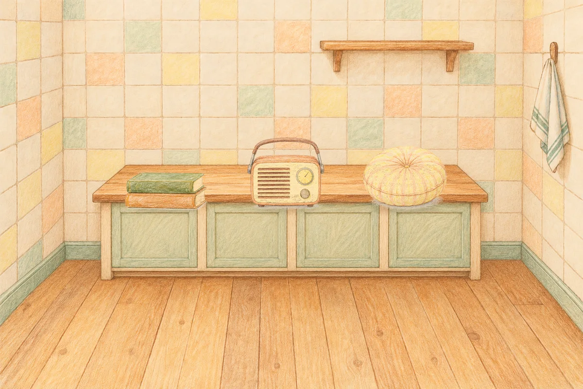 금호동 여성전용 얼굴 마사지 안내 그림, 낮의 부엌 나무 조리대 위에 놓인 책 두 권, 작은 라디오, 둥근 쿠션