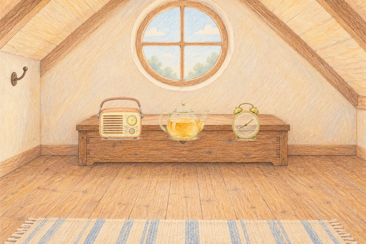 금호동 여성전용 안티에이징 케어 안내 그림, 낮의 다락방 나무 궤짝 위에 놓인 작은 라디오, 유리 티포트, 둥근 알람시계