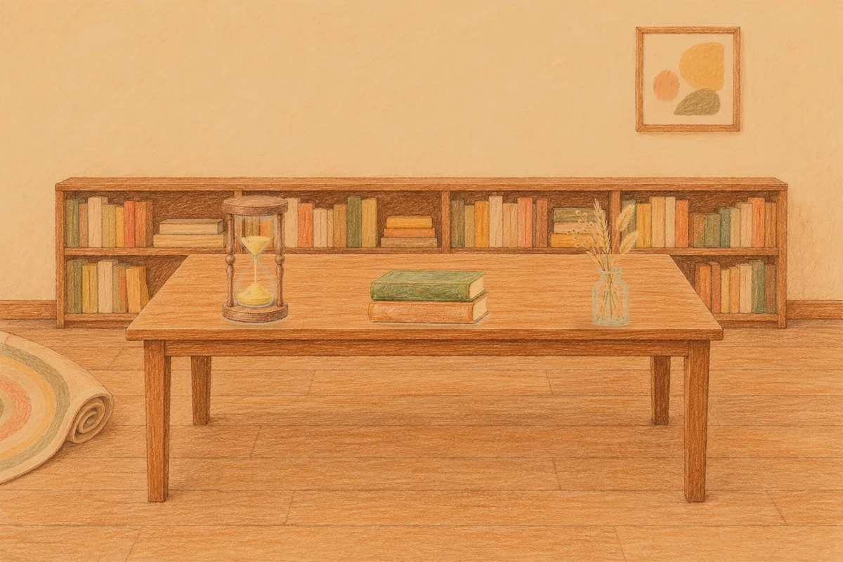 금호동 여성전용 샵 마사지 안내 그림, 저녁의 서재 긴 책상 위에 놓인 모래시계, 책 두 권, 마른 풀을 꽂은 항아리