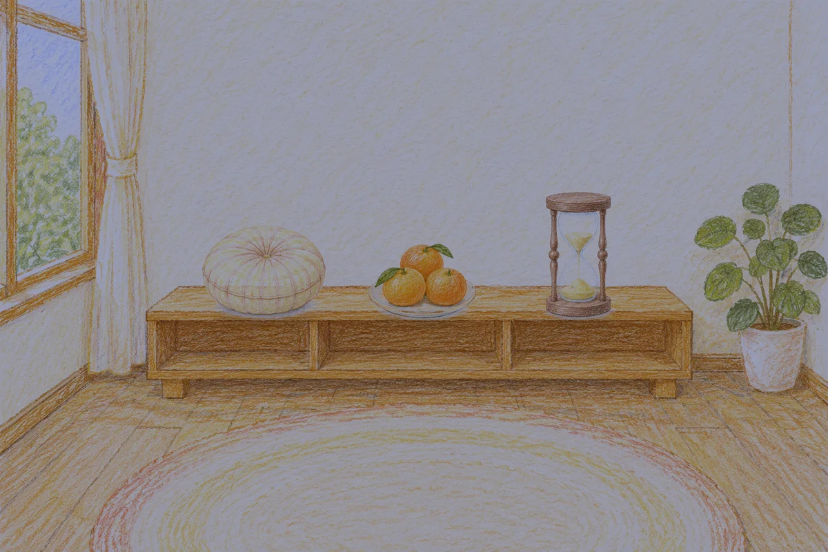 금호동 여성전용 출장 마사지 후기 안내 그림, 밤의 창가 낮은 선반 위에 놓인 둥근 쿠션, 귤이 담긴 접시, 모래시계