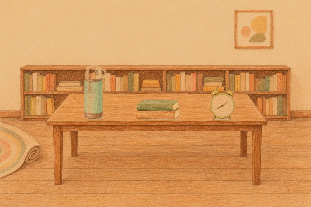 행당동 여성전용 스웨디시 마사지 안내 그림, 저녁의 서재 긴 책상 위에 놓인 보온병, 책 두 권, 둥근 알람시계