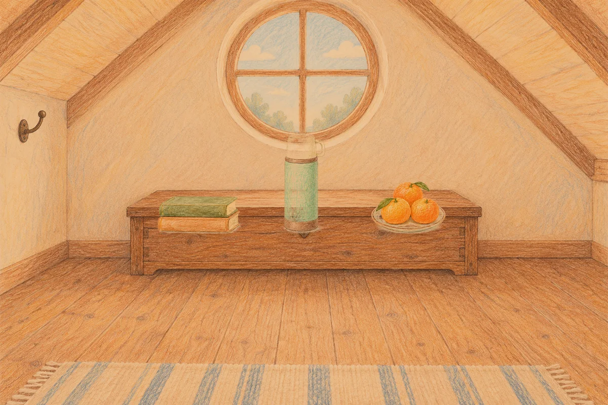 행당동 여성전용 아로마 마사지 안내 그림, 저녁의 다락방 나무 궤짝 위에 놓인 책 두 권, 보온병, 귤이 담긴 접시