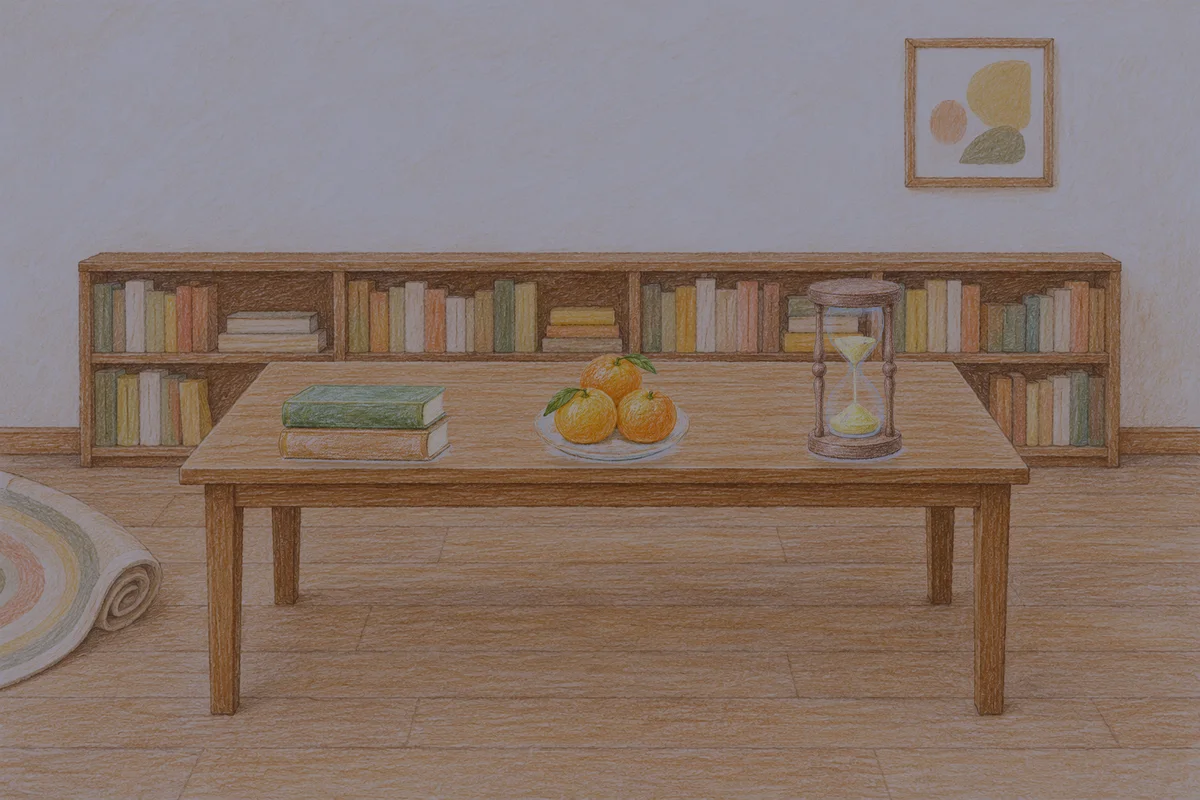 행당동 여성전용 스웨디시 홈케어 안내 그림, 밤의 서재 긴 책상 위에 놓인 책 두 권, 귤이 담긴 접시, 모래시계